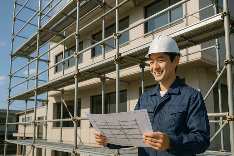 単管足場の強度計算を確認する現場監督｜安全設計と法令遵守を意識した点検風景