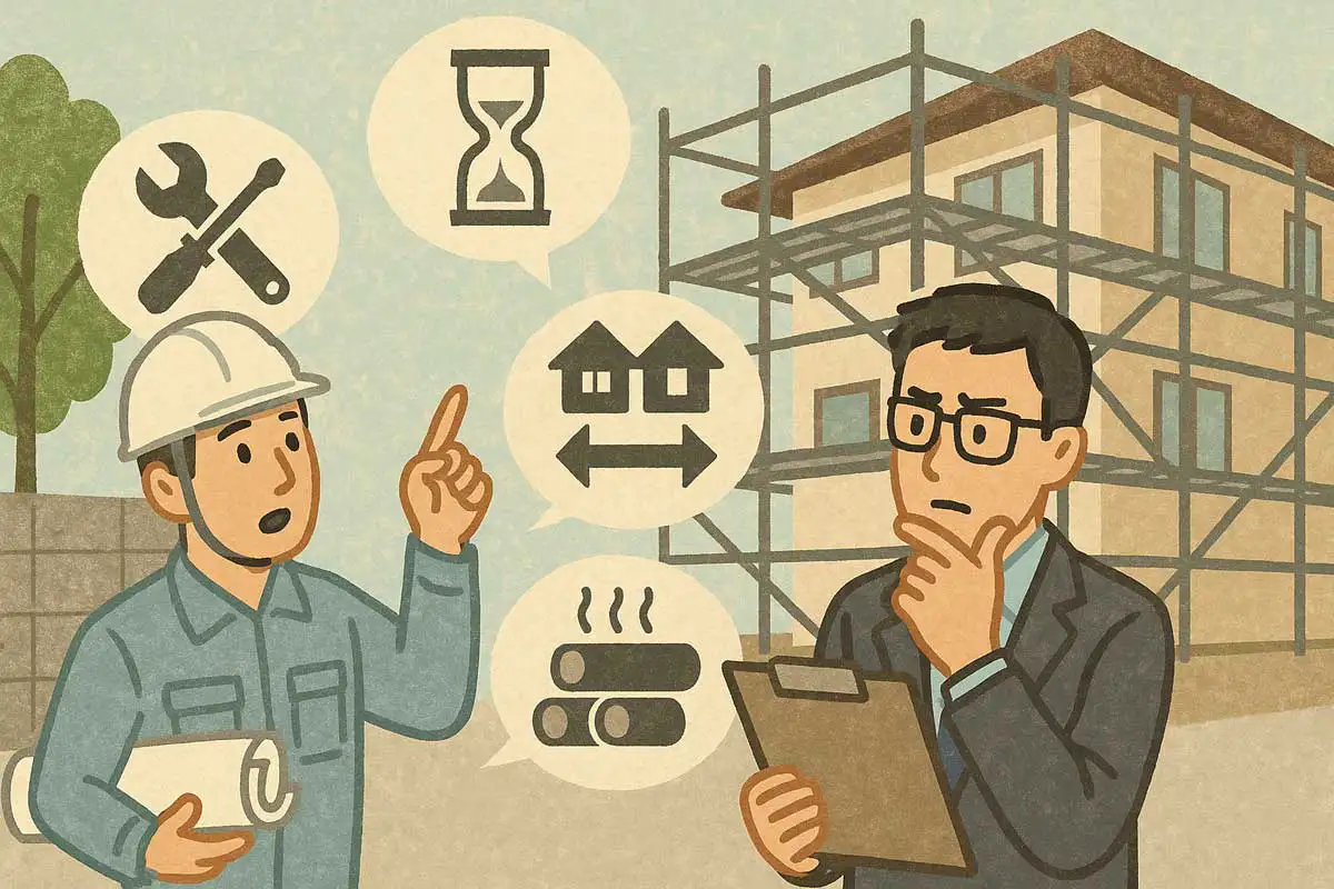 「足場計画前のヒアリングで作業内容・期間・離隔・将来の追加設備を確認する現場監督と職人の打ち合わせイメージ」