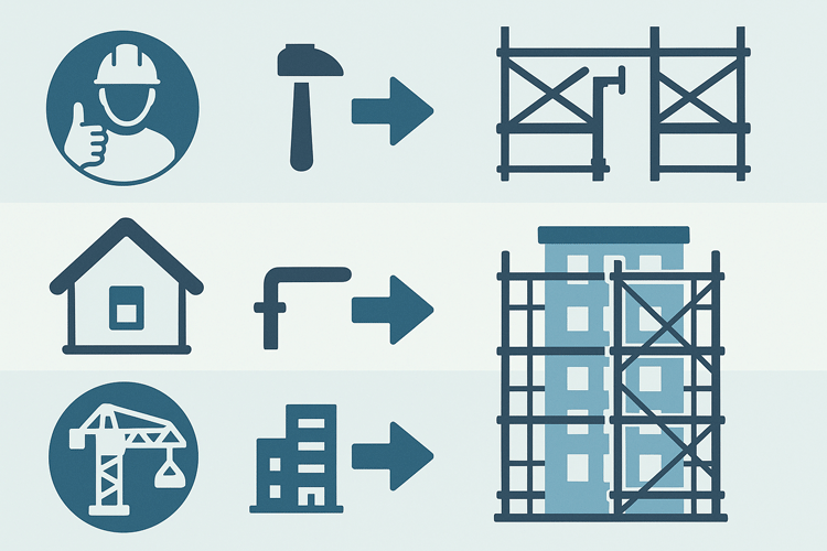クサビ足場の施工手順と用途を示す図。住宅やビルの工事現場で、ジャッキベース設置から支柱建込み・筋交い・先行手すりまでの組立工程を表している。