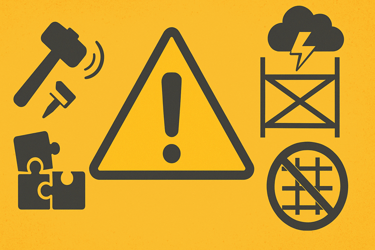 クサビ緊結式足場に関する注意喚起イラスト。部材の混用禁止、荷重超過、風雨時の危険を示す警告マークと、適合証明の重要性を表している。