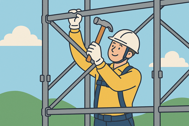 クサビ足場を安全に組み立てる作業員のイラスト｜枠組足場との違いを正しく理解して施工する重要性を表現