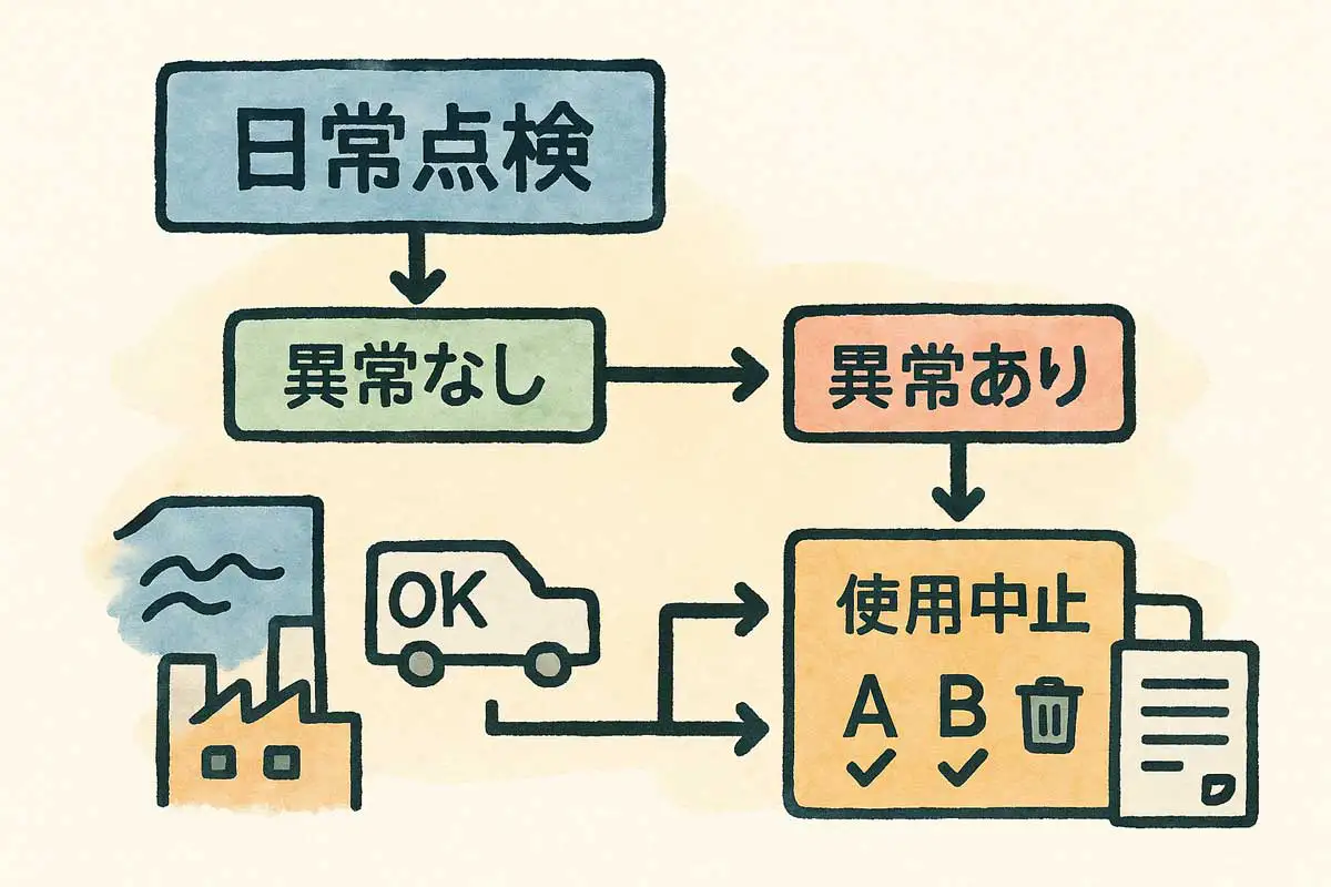 クサビ足場の日常点検フロー図：異常なし・異常ありの判断とA材B材仕分けの流れ