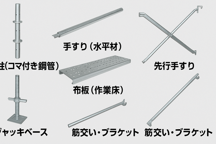 クサビ緊結式足場の主要部材一覧。支柱（コマ付き鋼管）、手すり（水平材）、布板（作業床）、ジャッキベース、筋交い・ブラケット、先行手すりを示した図。