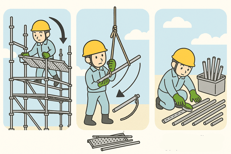 クサビ式足場の解体手順を示すイラスト|上から順に取り外し、資材をロープで下ろし、清掃・整頓する作業員の様子
