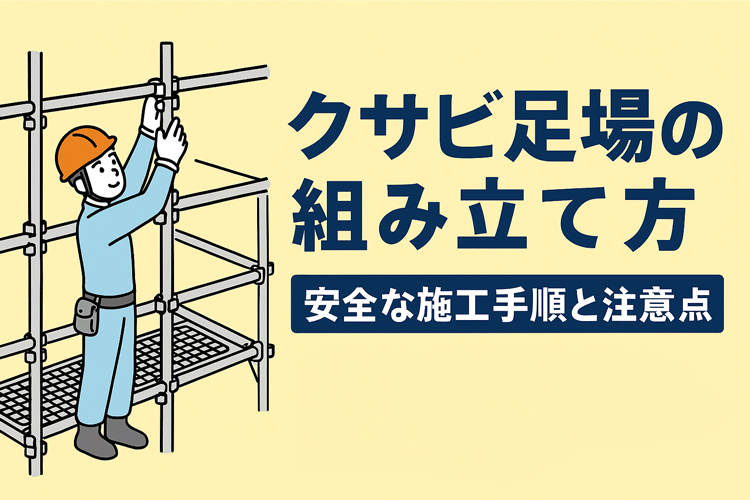 クサビ式足場を安全に組み立てる作業員のイラスト｜正しい施工手順と注意点を解説するガイド用サムネイル