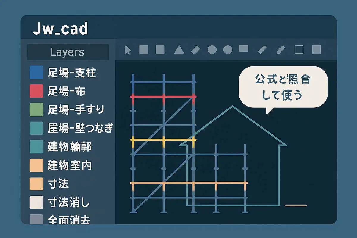 Jw_cadでクサビ足場のレイヤーを色分けして作図する画面例。支柱・布・手すり・壁つなぎのレイヤー構成を示したイメージ。