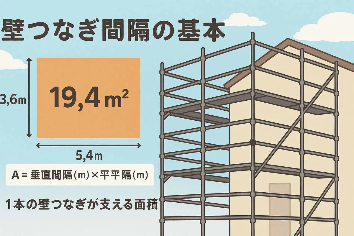 壁つなぎ1本が担当する面積を示した図版。3.6m×5.4mの計算例と、足場全体のイラストで壁つなぎ間隔の基本を説明した画像。