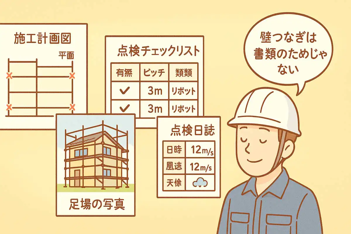 壁つなぎの記録方法を示す図版。施工計画図、点検チェックリスト、足場写真、点検日誌をまとめたイラストと、壁つなぎが書類目的ではないことを伝える作業員の教示。