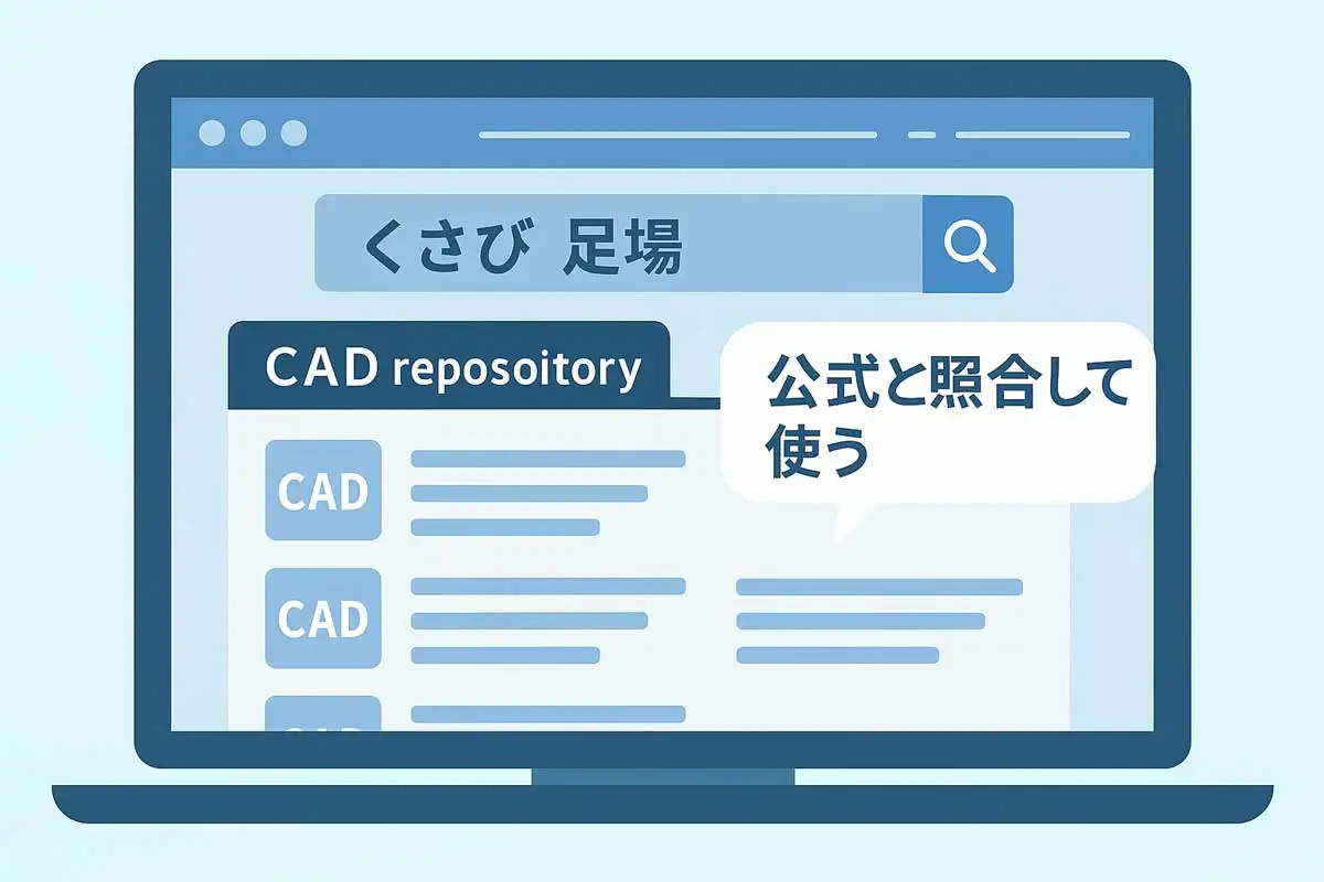 くさび足場のCADデータをリポジトリ型サイトで検索し、公式情報と照合して使う様子のイメージ図