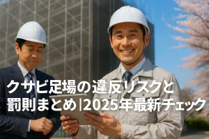 クサビ足場の違反リスクと罰則を説明する現場監督と技術者の打ち合わせ風景｜2025年最新基準