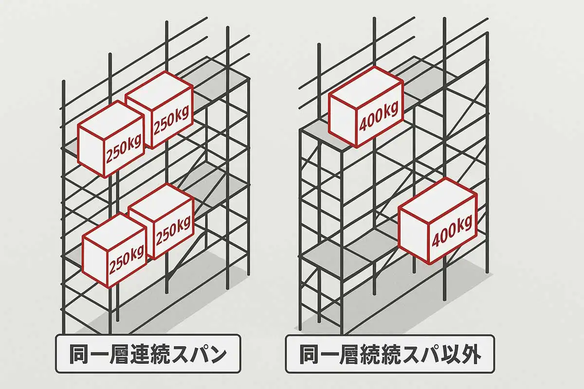 「クサビ式足場の積載荷重イメージ。連続スパンは250kg、非連続スパンは400kgまで載せられる仕組みを示す図。」
