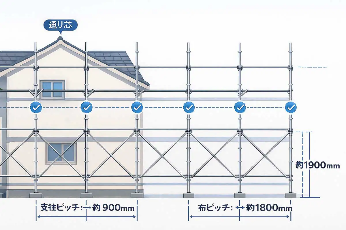 「戸建て外壁に設置されたクサビ式足場の立面図。通り芯、支柱ピッチ約900mm、布ピッチ約1800mm、壁つなぎ位置がわかる図解。」