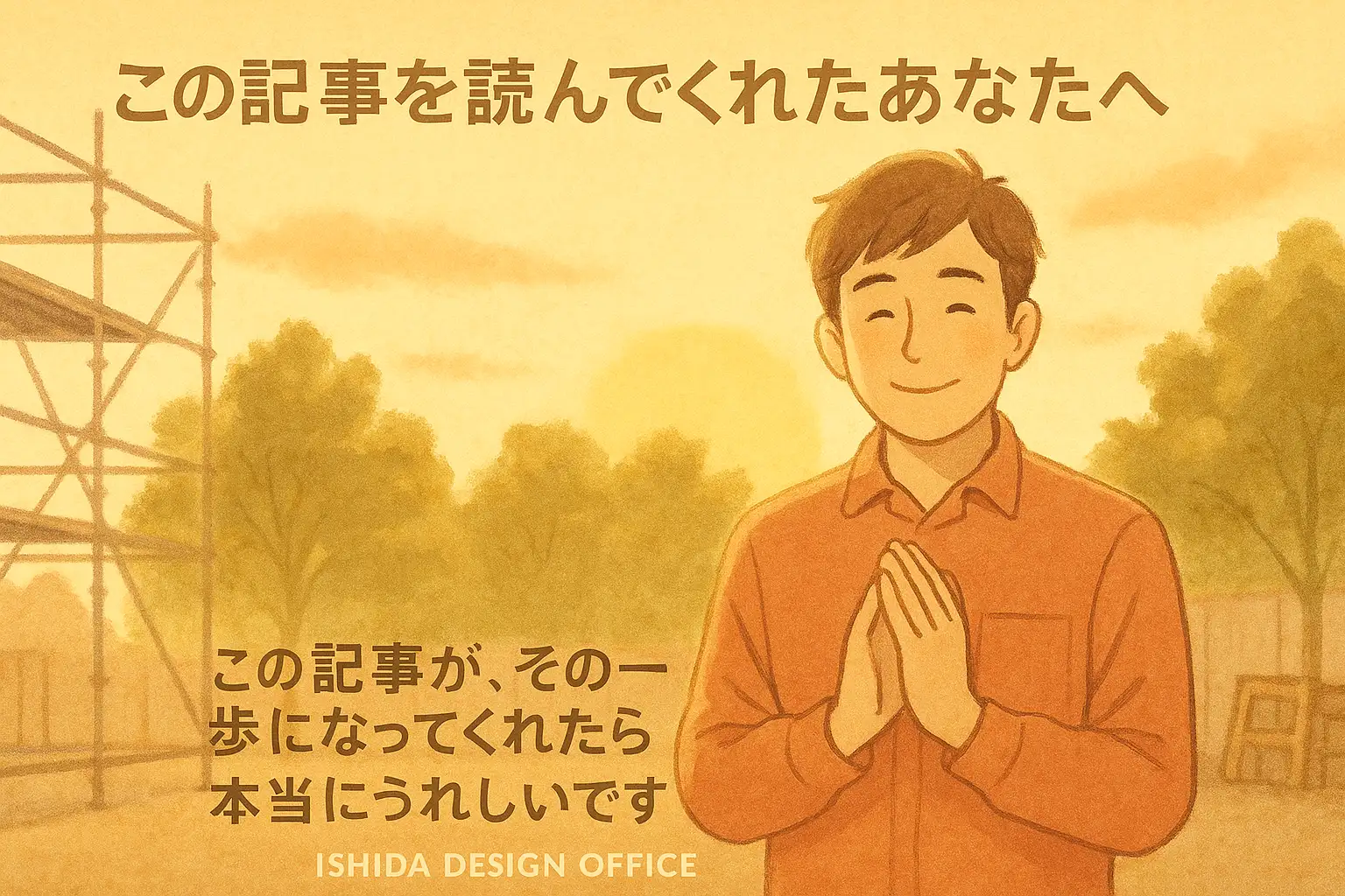 クサビ足場の図面作成に携わる読者へ感謝を伝える温かいイラスト。現場と夕景を背景に、ISHIDA DESIGN OFFICEからのメッセージを表現。