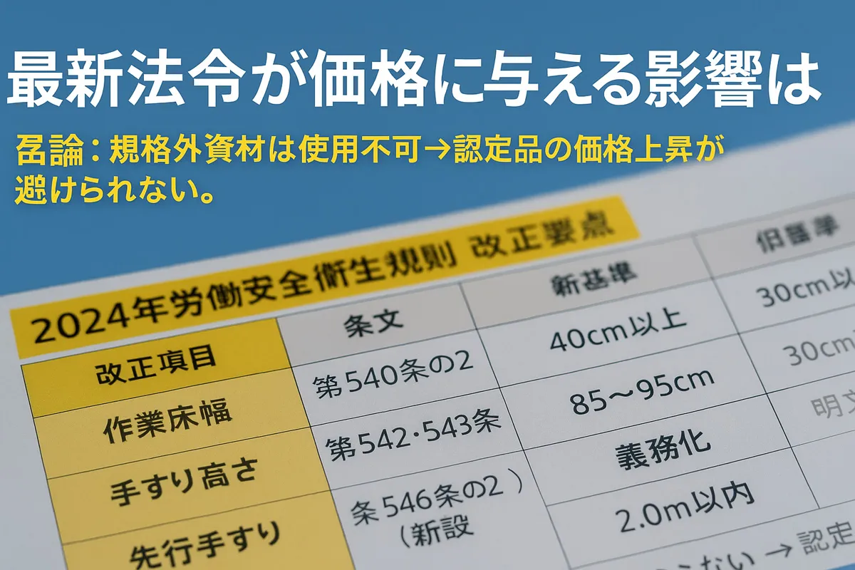2024年労働安全衛生規則の改正項目を示す資料。作業床幅や手すり高さの法令変更がくさび式足場の価格に与える影響を解説するための画像。