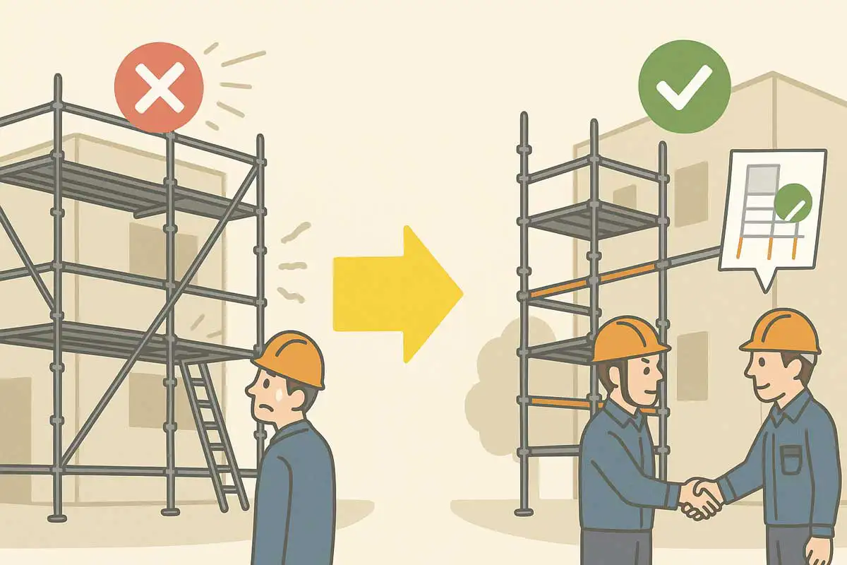 足場の選定ミスで不安定になった現場と、壁つなぎや控えを追加して改善した現場を比較した図解イメージ