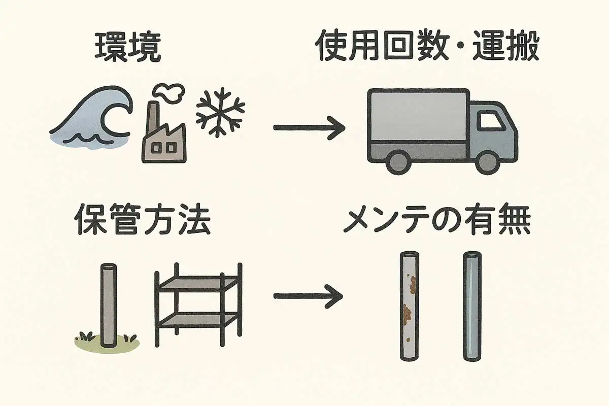クサビ足場の耐用年数に影響する要因を示した図。環境、使用回数と運搬、保管方法、メンテナンスの有無が劣化を左右することを示したイラスト。