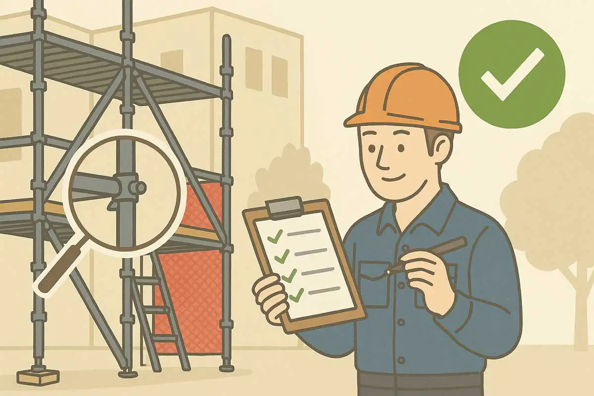 一側足場の点検項目をチェックリストで確認する作業員と、クランプの拡大図を示した安全点検イラスト