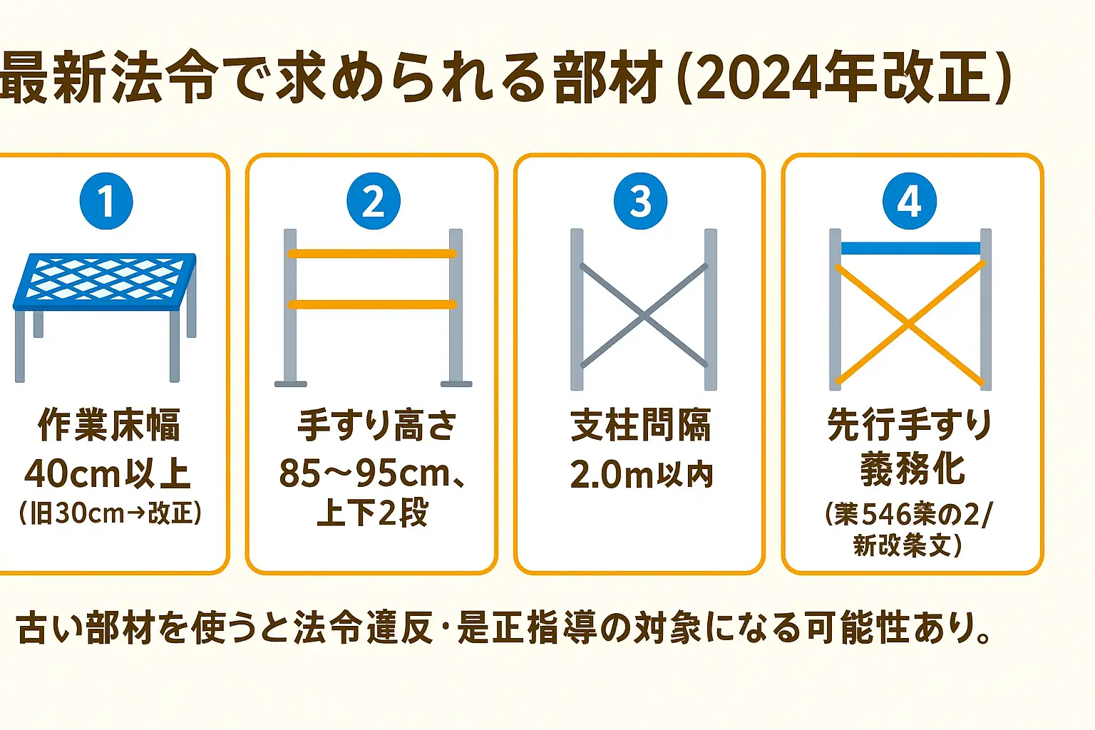 2024年改正で求められるクサビ式足場の部材要件｜作業床幅40cm以上・手すり高さ85〜95cm上下2段・支柱間隔2.0m以内・先行手すり義務化を示す図解