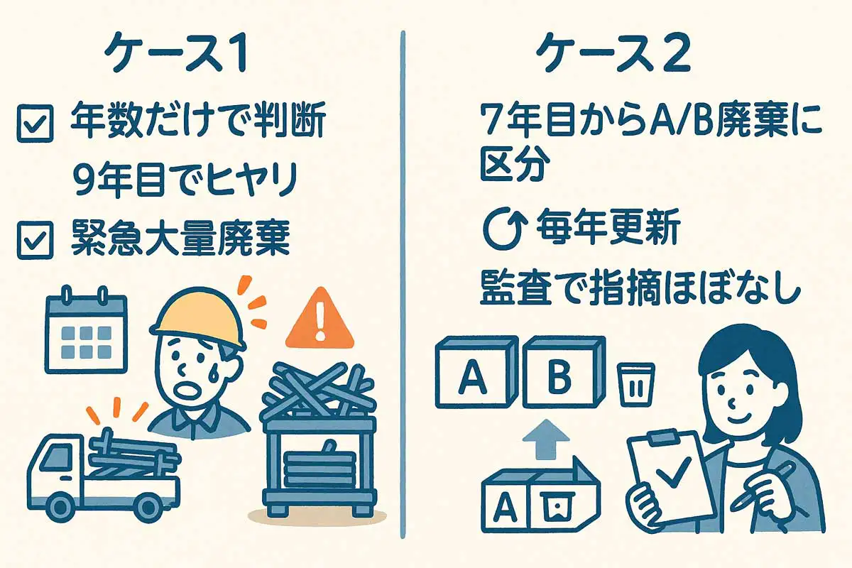 「クサビ足場の劣化管理のケース比較図。ケース1は年数だけで判断して9年目に大量廃棄、ケース2は7年目からA/B/廃棄に区分し毎年更新する良い運用例。」