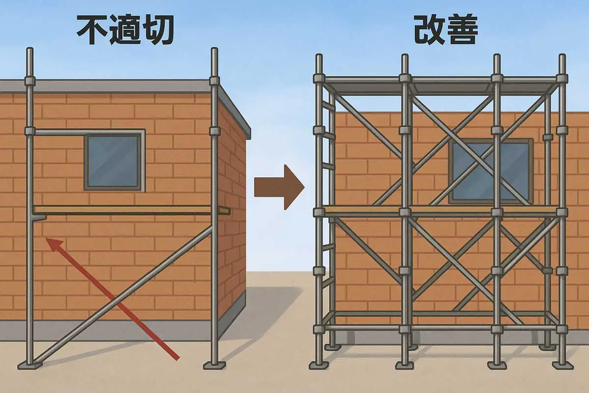 支柱間隔が広すぎた単管ブラケット足場の不適切な状態と、支柱増設と斜材追加で改善した状態を比較した図解イメージ