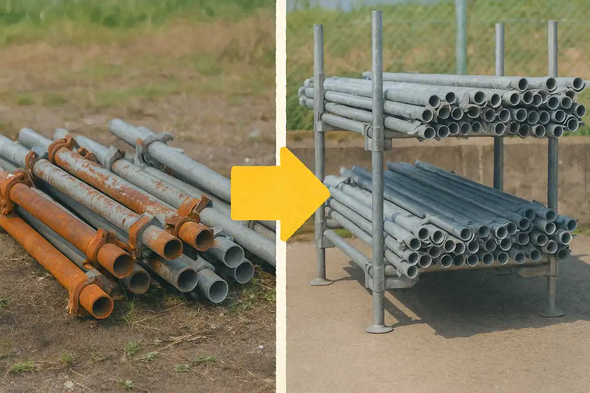 「クサビ足場の保管方法の違い。左は地面に直置きされ錆びた部材、右はラック保管で綺麗に整頓された部材の比較画像。」