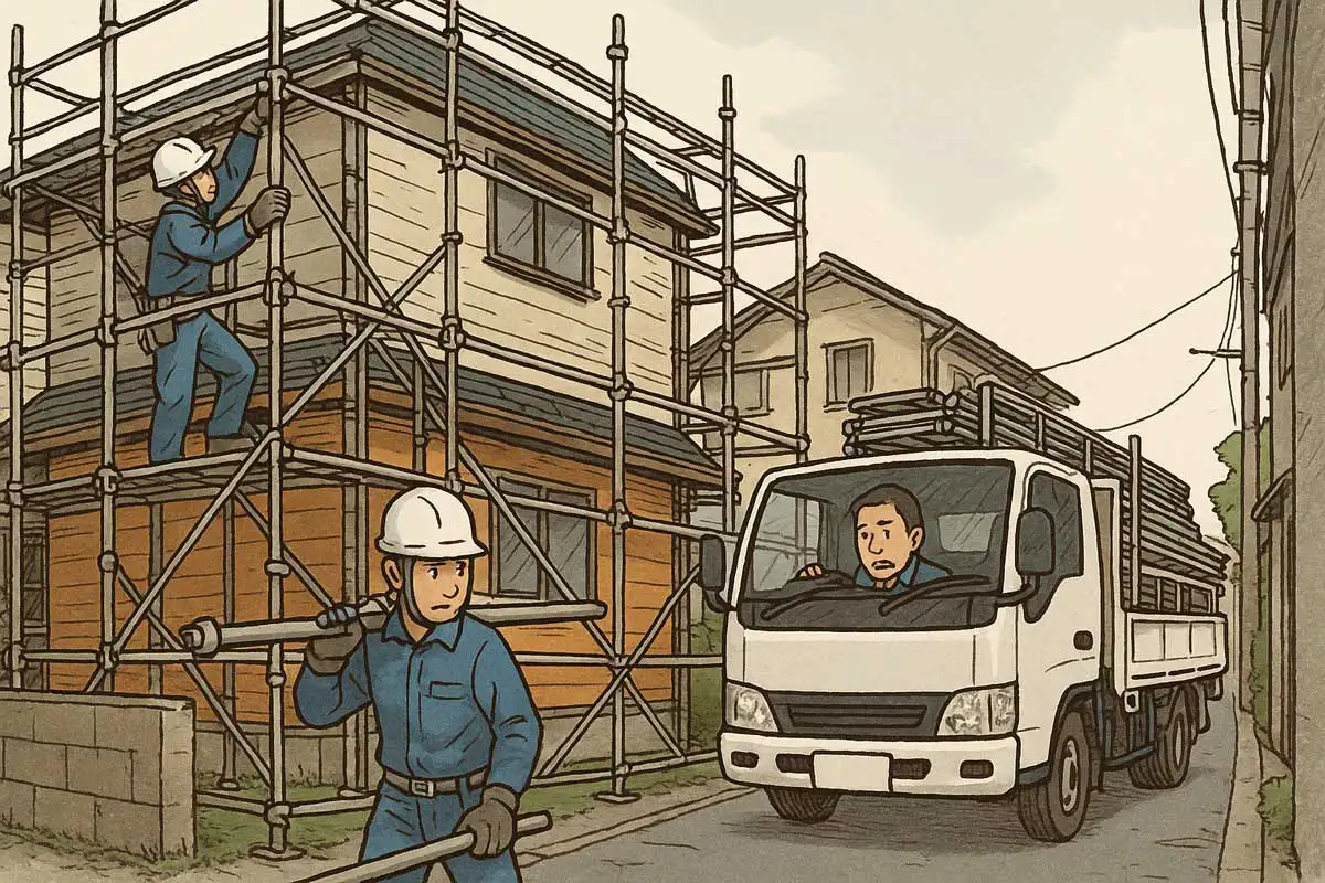 「狭い住宅街で戸建て改修のために外部足場を組む作業員と、部材を積んだトラックが通行に苦労している様子。足場選定ミスでコスト増につながる典型的な現場状況を示すイラスト」