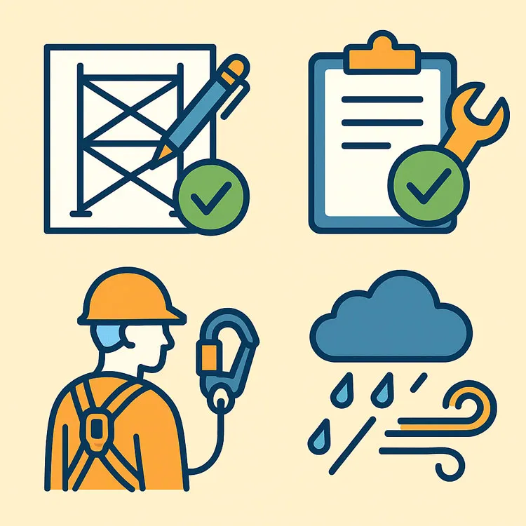 足場現場での安全管理を示すイラスト｜施工計画、点検リスト、安全装備、雨風の天候リスクに注意する現場監督のイメージ