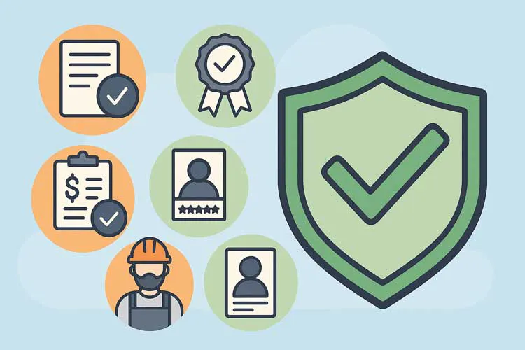 足場工事で信頼できる業者を選ぶための5つの基準を示すアイコン図解（資格・実績・見積・契約・安全管理）