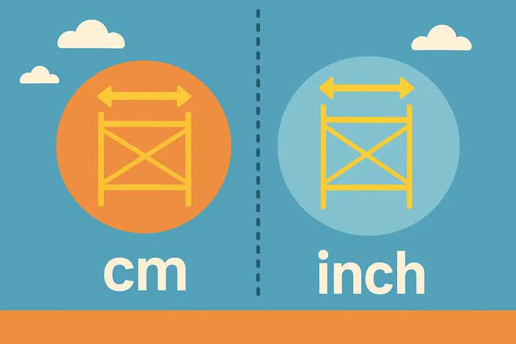 クサビ足場のセンチ規格とインチ規格の違いを示す図解｜cmとinchの寸法差を視覚的に比較したイラスト