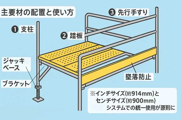 くさび式足場の主要部材配置図｜支柱・踏板・先行手すり・ジャッキベース・ブラケットの使い方と、インチサイズ（914mm）とセンチサイズ（900mm）の統一使用原則を示す図解