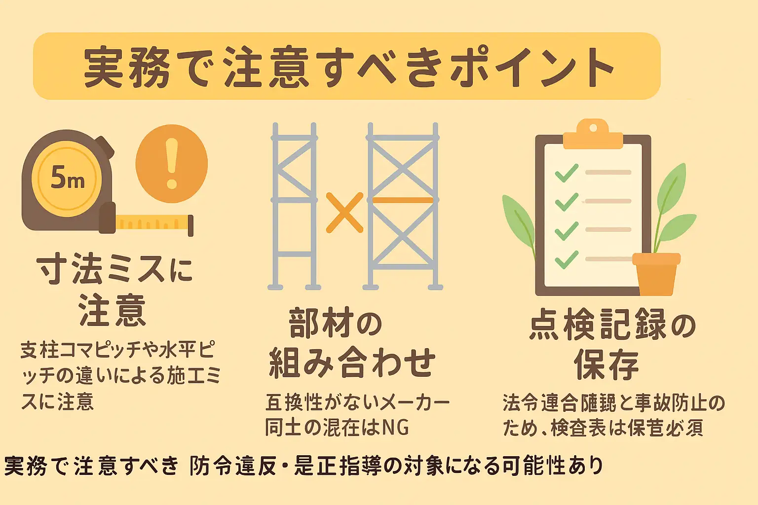 クサビ式足場の実務で注意すべきポイント｜寸法ミス、メーカー混在の組み合わせNG、点検記録保存の重要性をまとめた図解