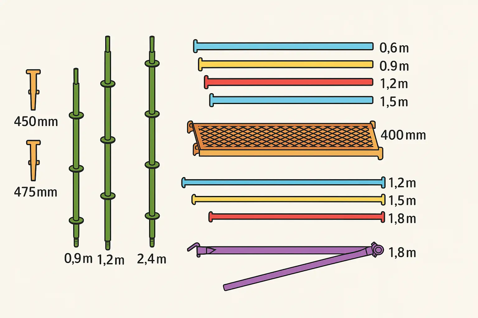 くさび式足場の主要部材一覧図｜支柱ピッチ450mm・475mm、踏板幅400mm、水平材・手すり・筋交いの標準寸法を示したイラスト