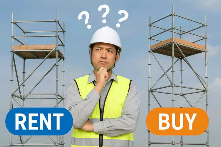 クサビ式足場のレンタルと購入を比較して悩む作業員のイメージ（オリジナルの画像）