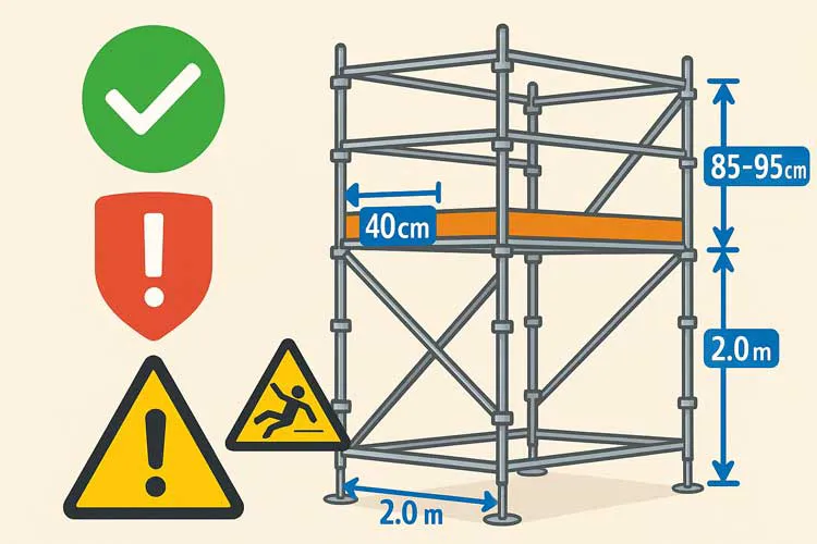 クサビ式足場の安全基準図解｜作業床幅40cm以上・手すり高さ85〜95cm・支柱間隔2.0m以内（2024年改正対応）