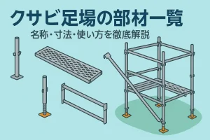 くさび足場の部材一覧イラスト｜支柱・踏板・手すり・筋交い・ジャッキベースの配置と使い方を示した図