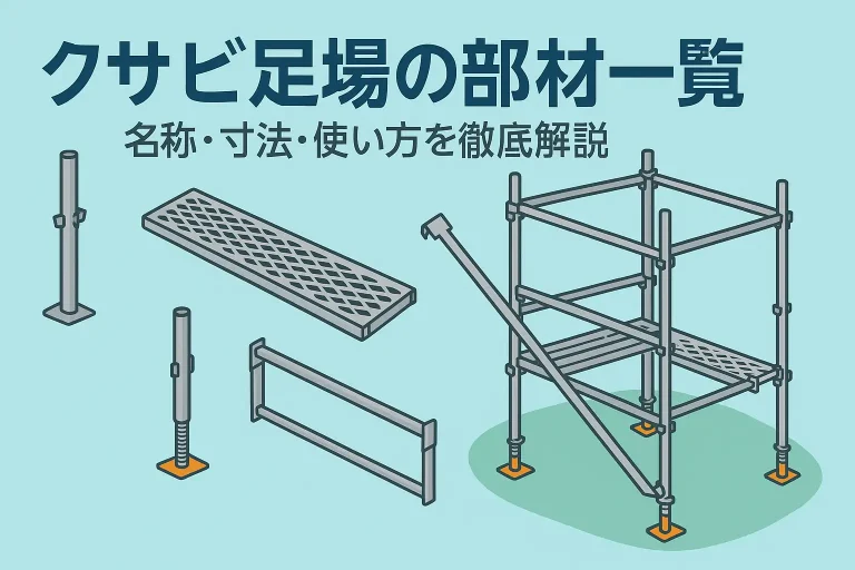 くさび足場の部材一覧イラスト｜支柱・踏板・手すり・筋交い・ジャッキベースの配置と使い方を示した図