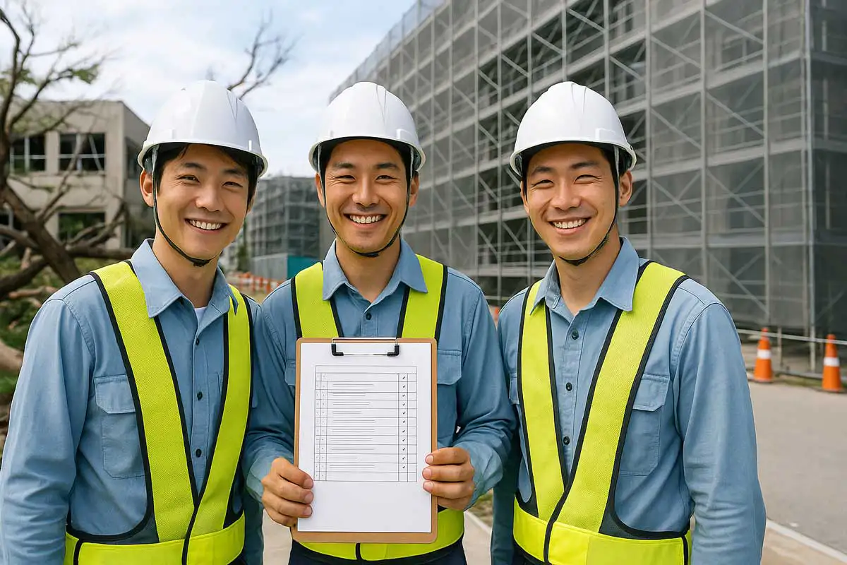 足場点検チェックリストを手に現場で安全確認を行う職長と現場監督の様子