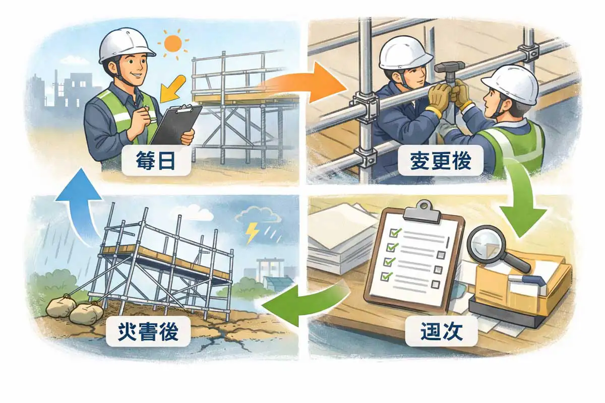 足場点検のタイミングを示した図解。毎日の作業前点検、変更後の締結確認、災害後の沈下点検、週次の記録確認をイラストで解説