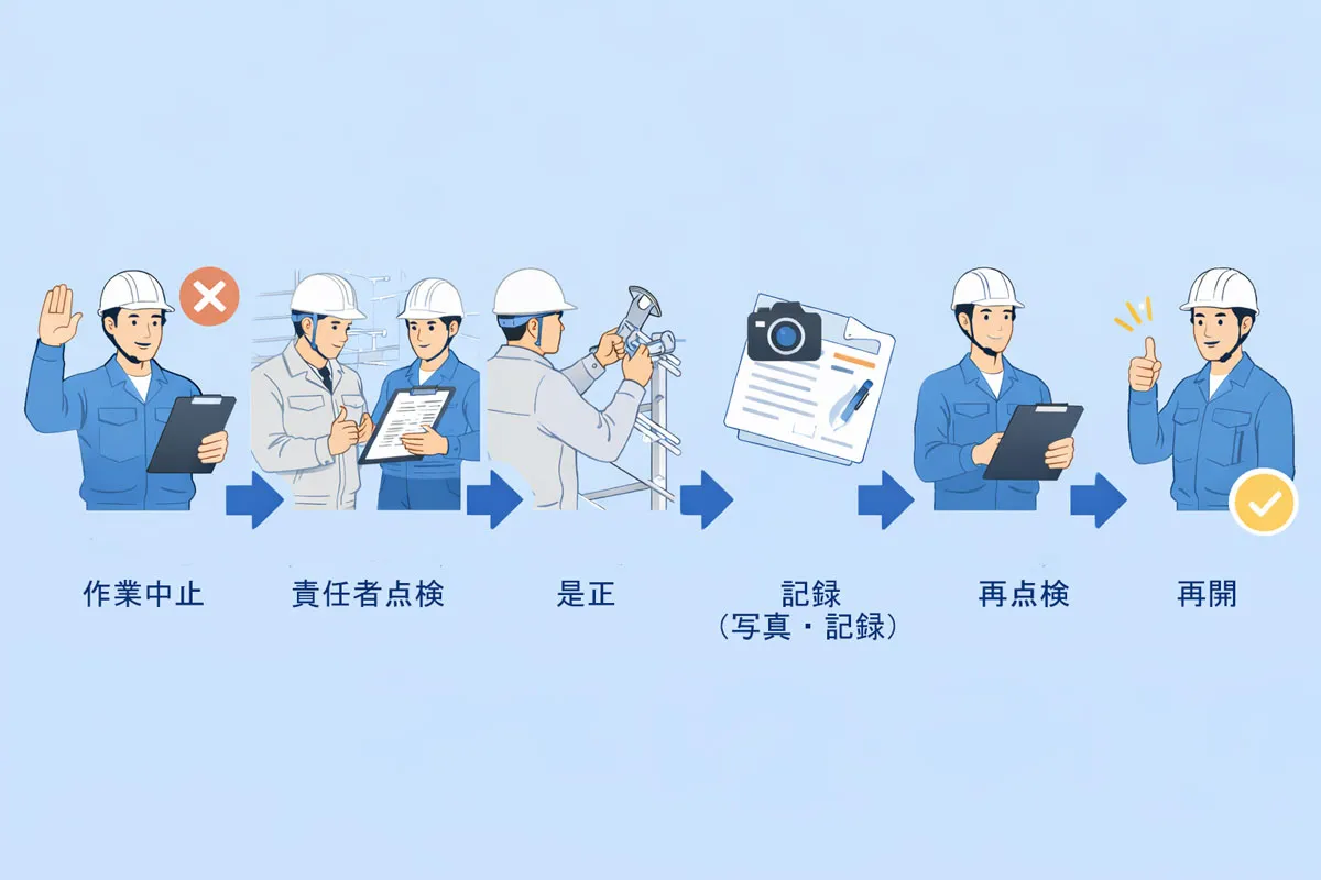 足場見積で指摘を受けた際の是正フローを示した図解(作業中止から再開までの6ステップ)
