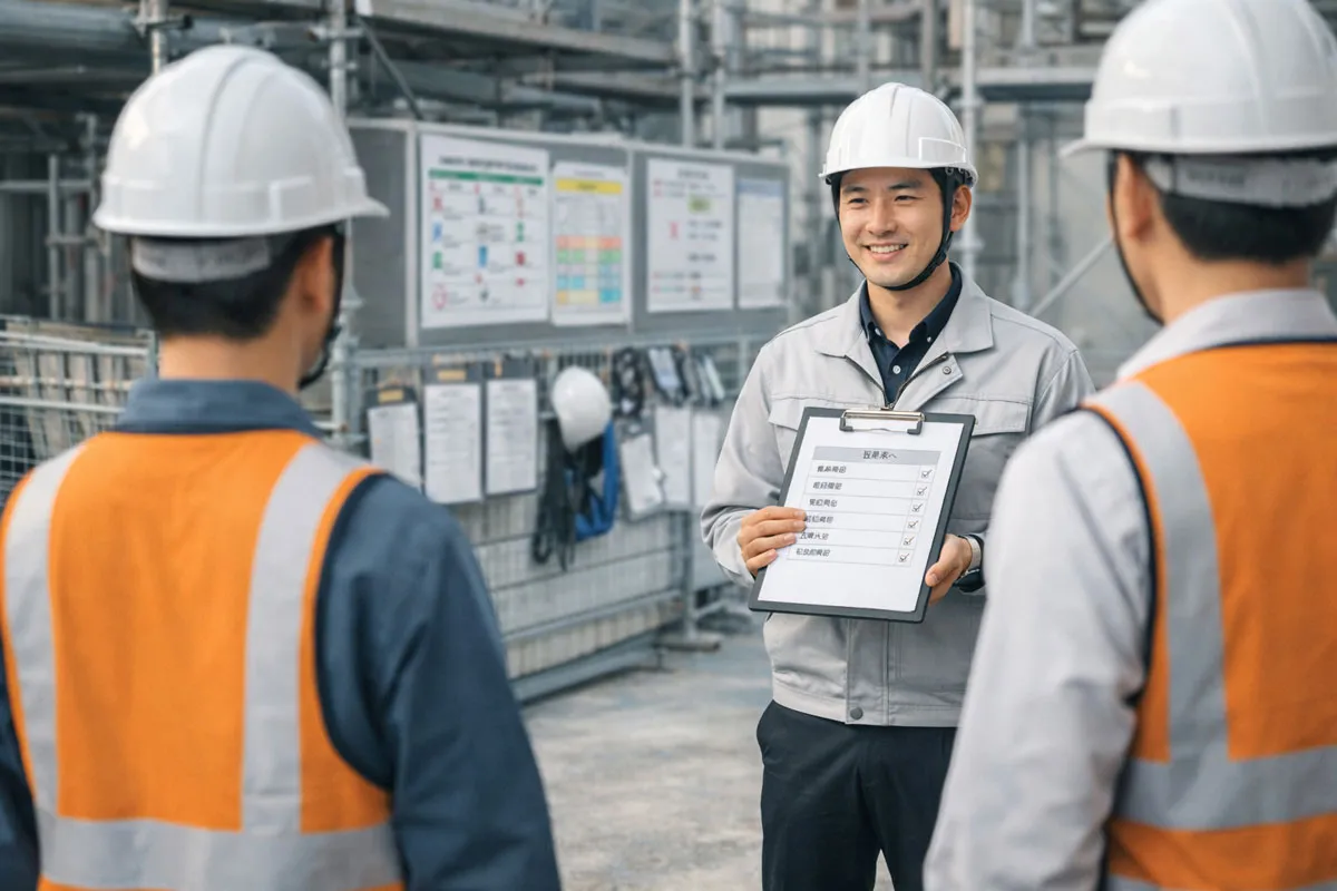 チェック表を使って朝礼で確認を行い、再発防止ができている足場工事現場の様子