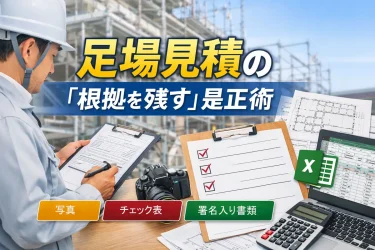 足場見積の根拠を残すために、現場監督がチェック表と書類を確認し、写真・記録・署名で証拠を整理している様子