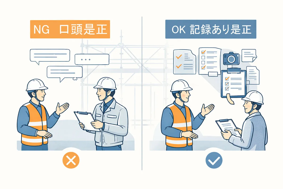 足場見積の是正において、口頭対応と記録を残した対応の違いを比較した図解
