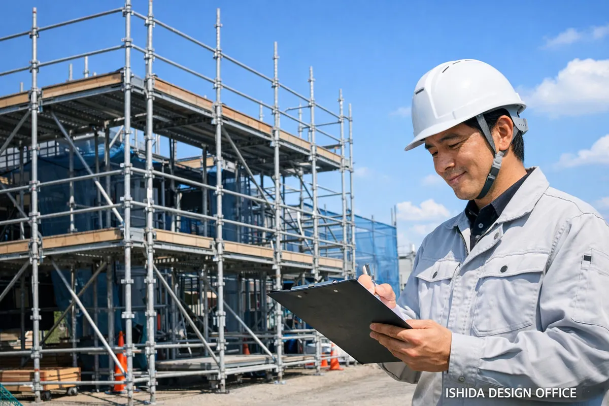 クサビ式足場の現場で公式カタログを確認する日本人現場監督の様子