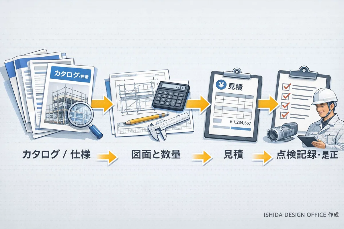 足場カタログから図面作成、見積、点検記録・是正までの現場実務フローを示した図解