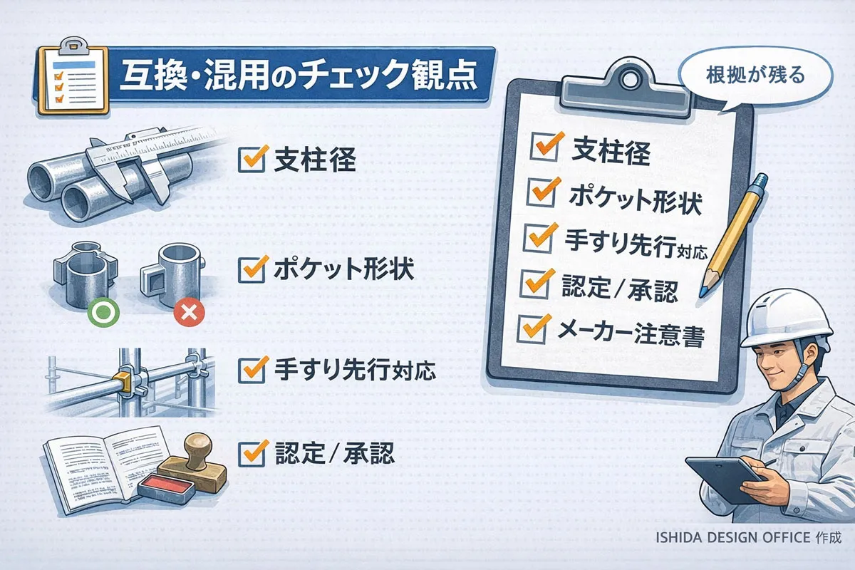 クサビ足場の互換・混用時に確認すべき支柱径やポケット形状、認定状況を整理したチェックリスト図