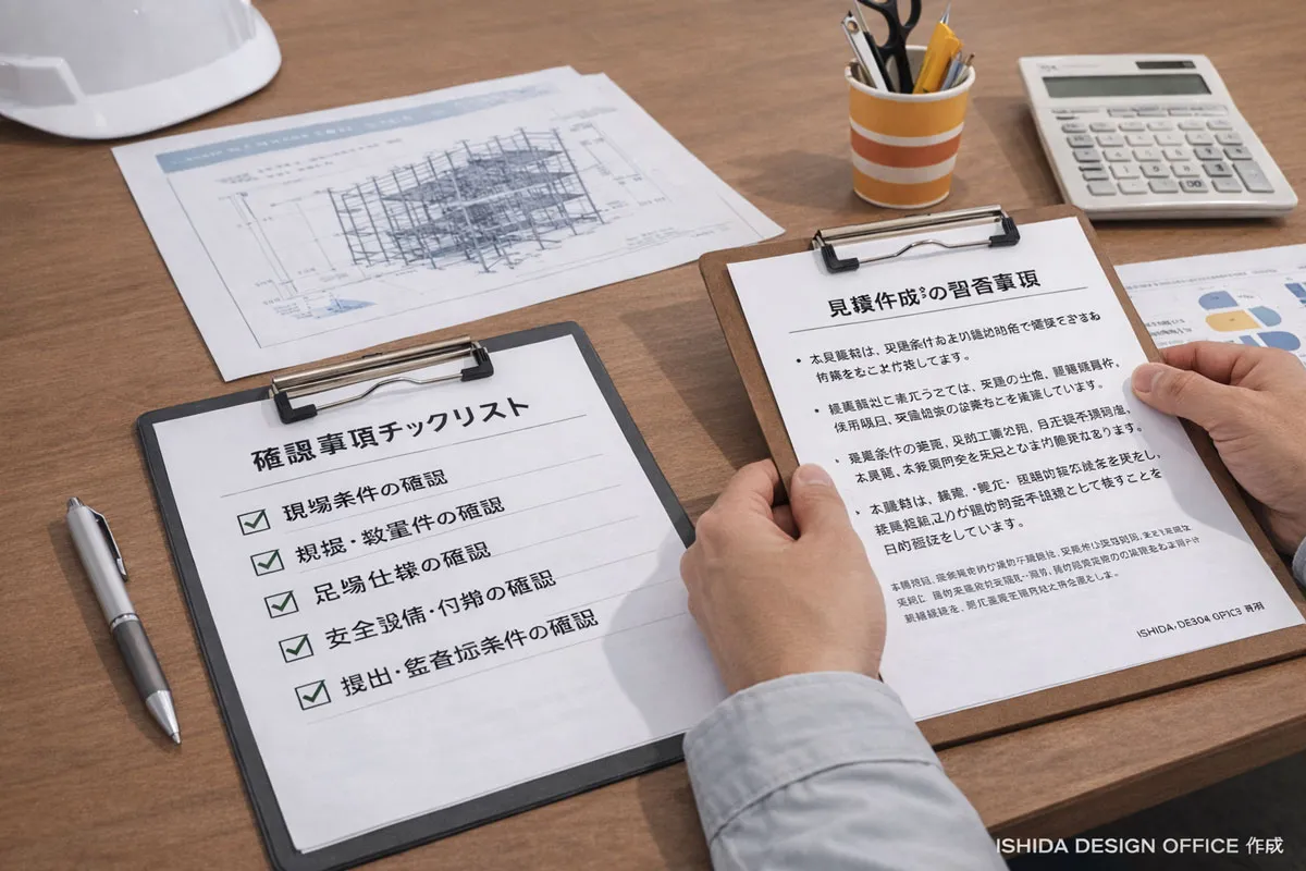 足場工事の見積作成において、確認事項チェックリストと留意事項をもとに数量根拠や監査対応を確認している様子