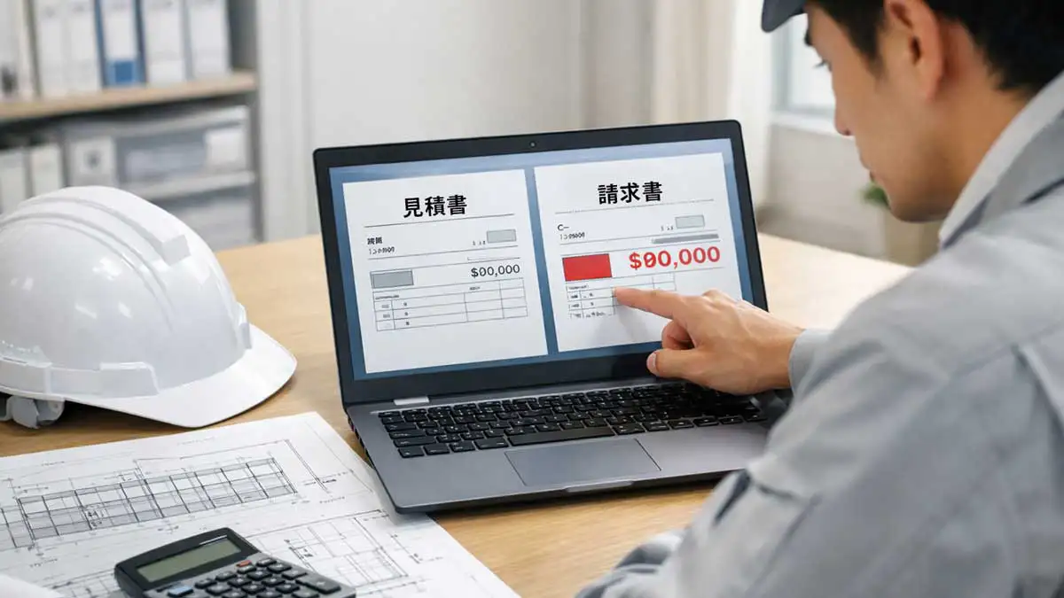 足場工事の見積書と請求書の金額差に気づき、図面と数量を確認する現場監督の様子