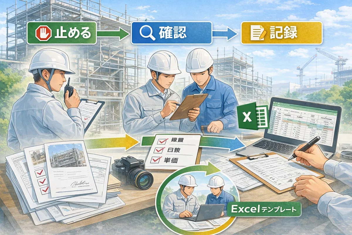 足場見積で「止める・確認・記録」の是正フローを実務的に示した図解イラスト。チェック表とExcelテンプレートで根拠を残す現場対応の様子。