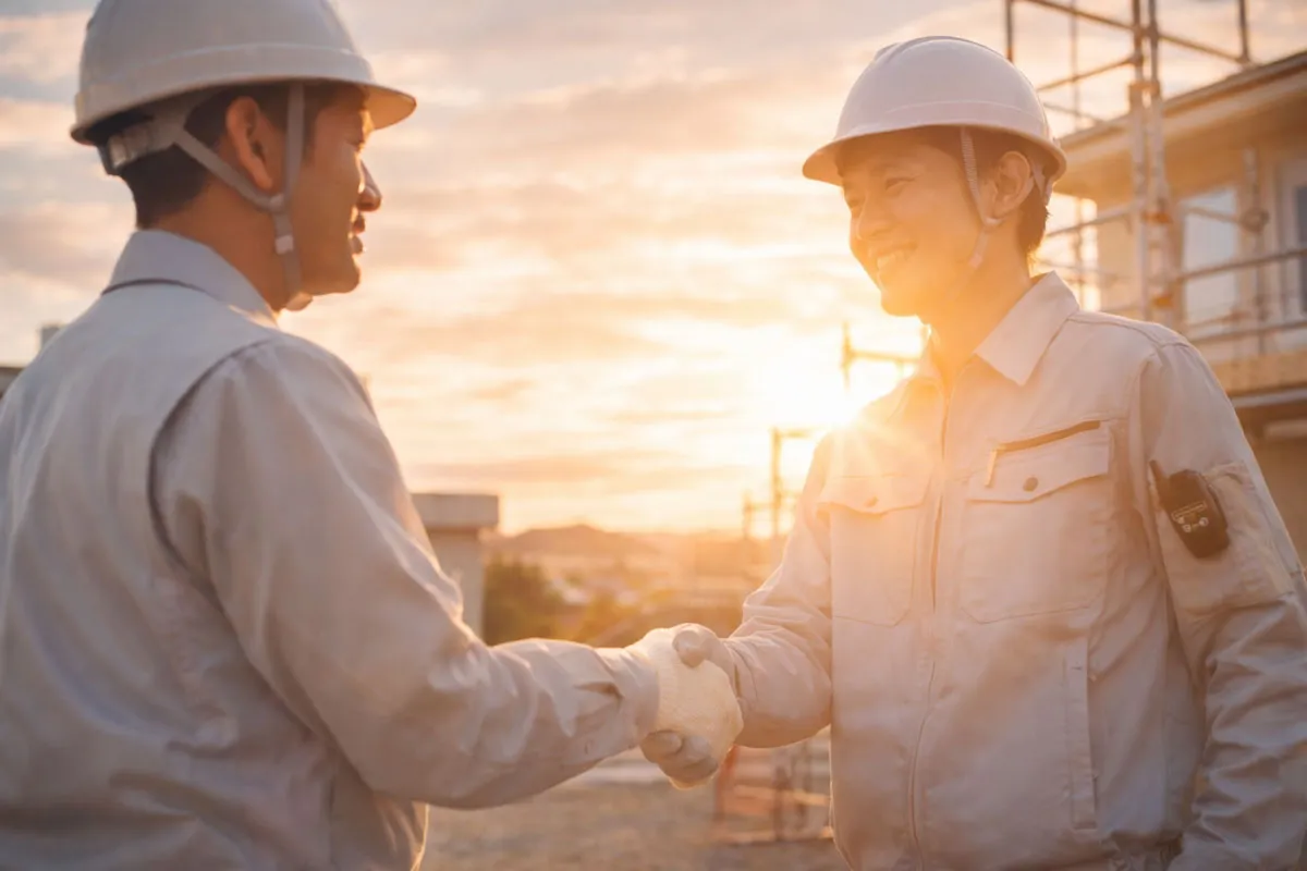 足場工事の現場で安全確認を終え、信頼関係を築く現場監督と作業員の握手の様子
