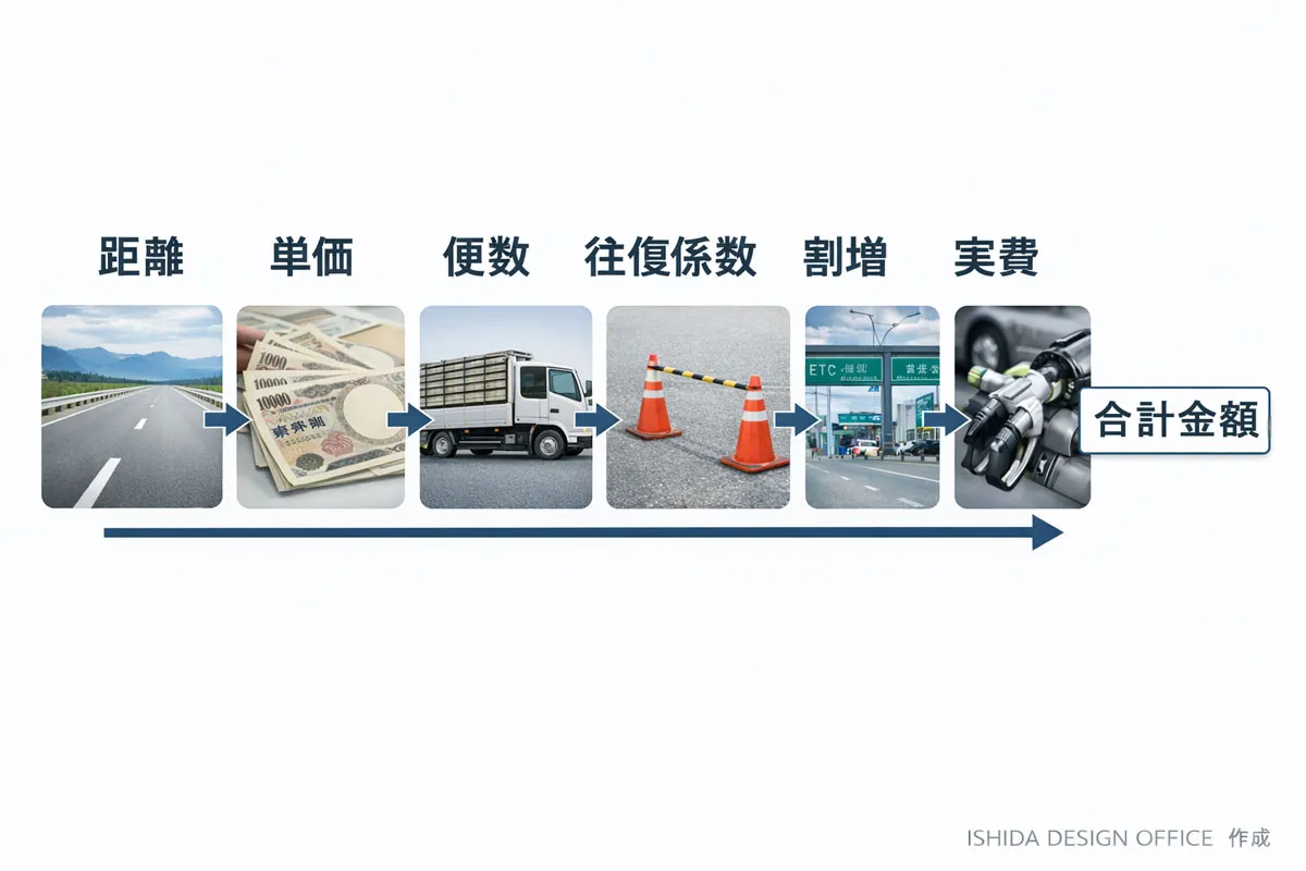 足場回送費の計算フロー図|距離・単価・便数・往復係数・割増・実費から合計金額を算出する構造図(ISHIDA DESIGN OFFICE 作成)